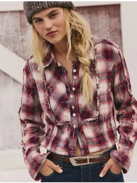 NWT-Free People Red Plaid Ruffle-Trim Button Down Shirt - Picture 1 of 5